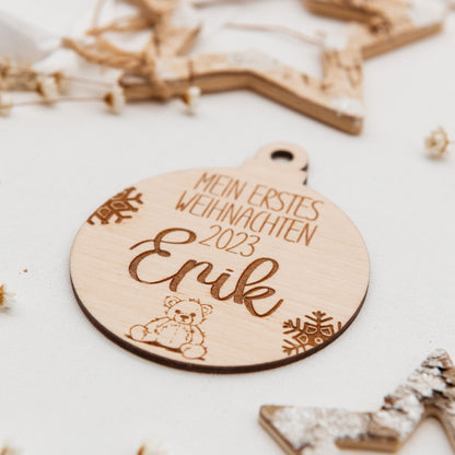 Mein erstes Weihnachten, Personalisierte Weihnachtskugel Holz, als Tannenbaumschmuck oder Wandornament zur Babyparty oder Geburtstag