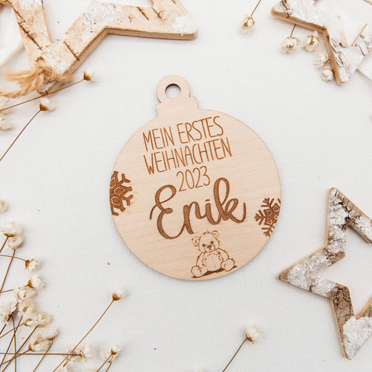 Mein erstes Weihnachten, Personalisierte Weihnachtskugel Holz, als Tannenbaumschmuck oder Wandornament zur Babyparty oder Geburtstag