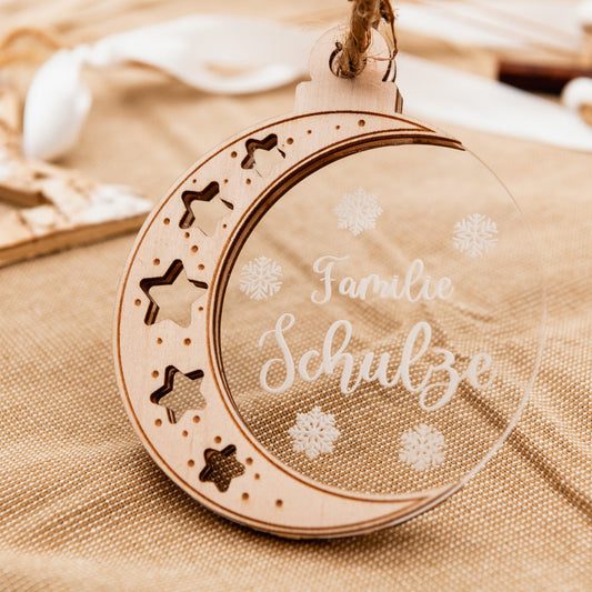 Personalisierte Weihnachtskugel für Familien, als Tannenbaumschmuck oder Wandornament, Acryl mit Holz als besonderer Weihnachtsschmuck