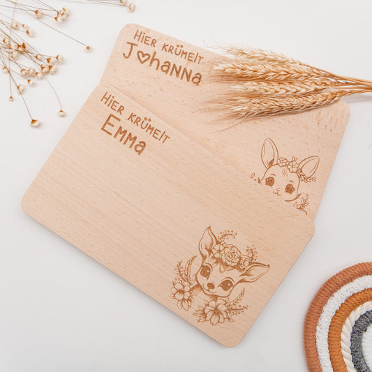 Frühstücksbrett personalisiert für Mädchen, Kinder mit Waldtieren als Kindergeschenk zur Geburt oder für werdende Eltern