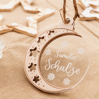 Personalisierte Weihnachtskugel für Familien, als Tannenbaumschmuck oder Wandornament, Acryl mit Holz als besonderer Weihnachtsschmuck
